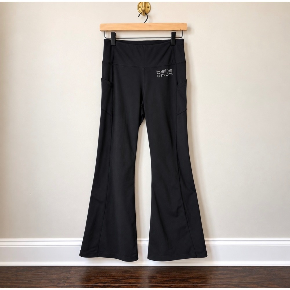 Bebe Sport Black Rhinestone Logo Flare Yoga Pants High Rise Pockets Small